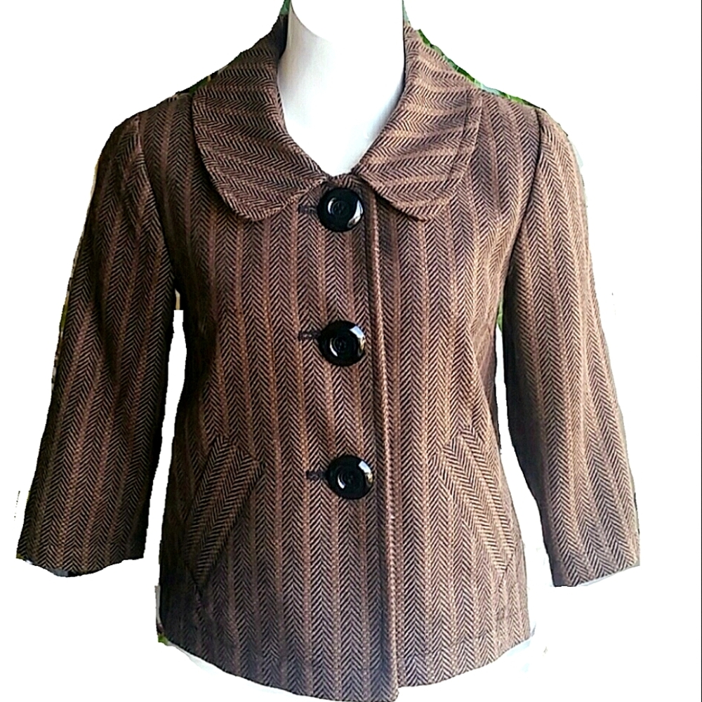 Nordstrom Ambition Brown Herringbone Jacket 3/4 Sleeves Side Pocket Siz…